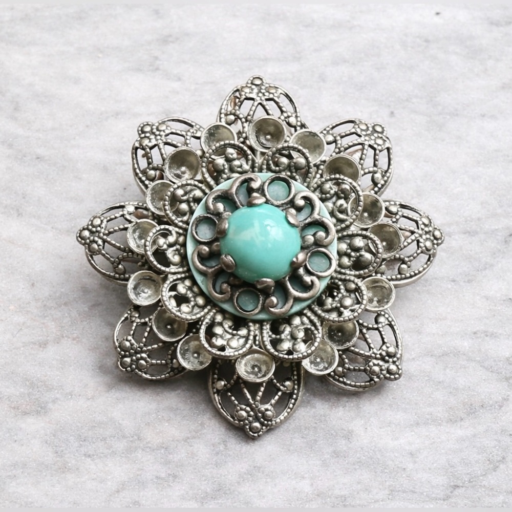 ANTIQUE SILVER TONE FILIGREE FAUX TURQUOISE CABOCHON ROUND BROOCH